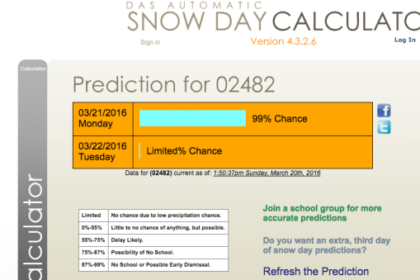 Snow Day Calculator says Wellesley is almost surely in for Snow Day