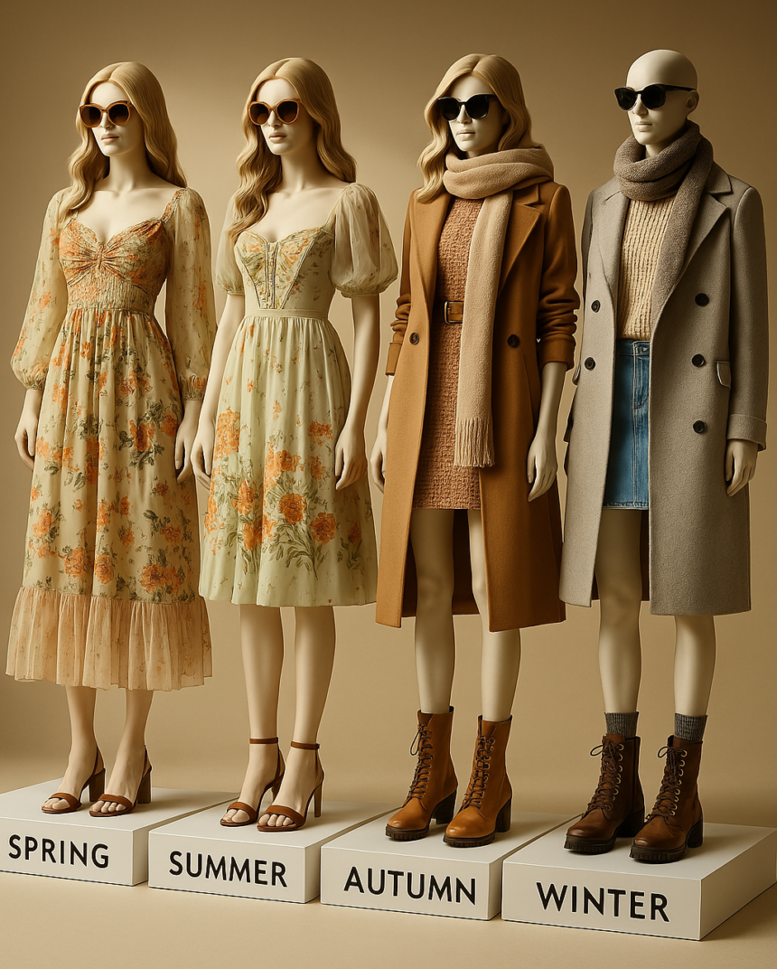 Four mannequins dressed in seasonal outfits—spring with a floral dress, summer in a bright sundress, fall with a trench coat and scarf, and winter in a coat and boots—set against a softly transitioning background representing each season.