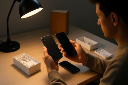 Person inspecting a refurbished phone on a desk with visible accessories and comparison device in a clean workspace.