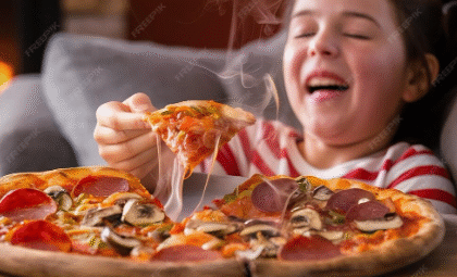 Enjoying Pizza at Home
