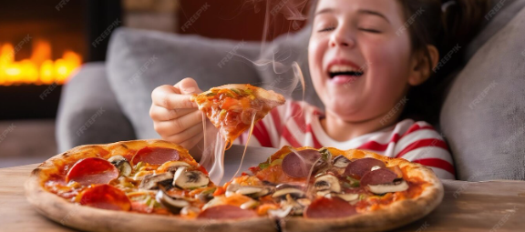 Enjoying Pizza at Home