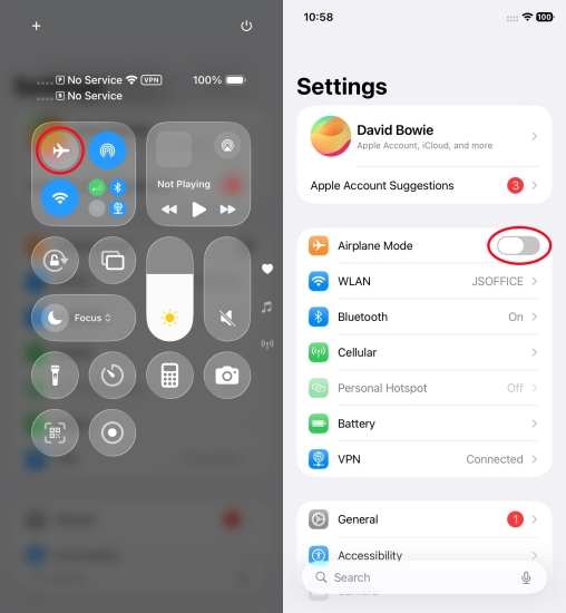 2.Toggle Airplane Mode – enable for 10–15 seconds, then turn it off. 
