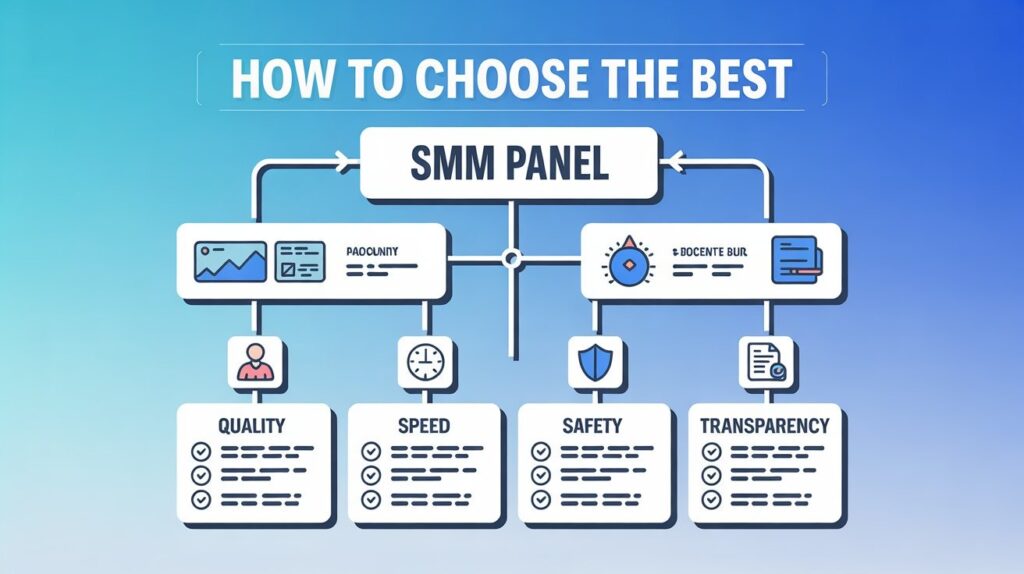 How to choose best SMM panel infographic showing quality speed safety transparency factors with detailed evaluation criteria checklist 