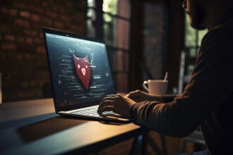 Young adult businessman sitting at desk typing generated by AI