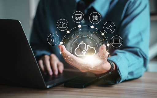 Custom software development concept with cloud icons
