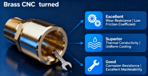 Diagram illustrating the key properties of Brass CNC turned parts for molds: wear resistance, thermal conductivity, and corrosion resistance.
