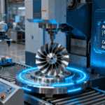 Smart factory scene showing 5-axis CNC machining of aerospace components with real-time monitoring achieving 0.005mm tolerance and ISO 9001 certification
