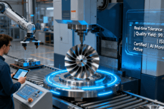 Smart factory scene showing 5-axis CNC machining of aerospace components with real-time monitoring achieving 0.005mm tolerance and ISO 9001 certification
