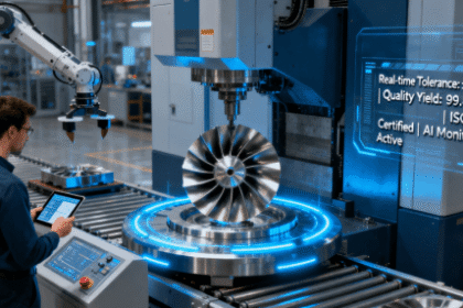 Smart factory scene showing 5-axis CNC machining of aerospace components with real-time monitoring achieving 0.005mm tolerance and ISO 9001 certification