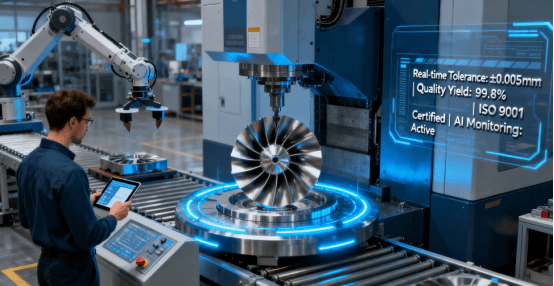 Smart factory scene showing 5-axis CNC machining of aerospace components with real-time monitoring achieving 0.005mm tolerance and ISO 9001 certification
