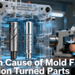 Cross-section of an aluminium injection mold, highlighting a worn, stuck ejector pin versus a new, high-precision CNC turned pin, representing hidden causes of mold failure.
