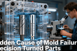 Cross-section of an aluminium injection mold, highlighting a worn, stuck ejector pin versus a new, high-precision CNC turned pin, representing hidden causes of mold failure.