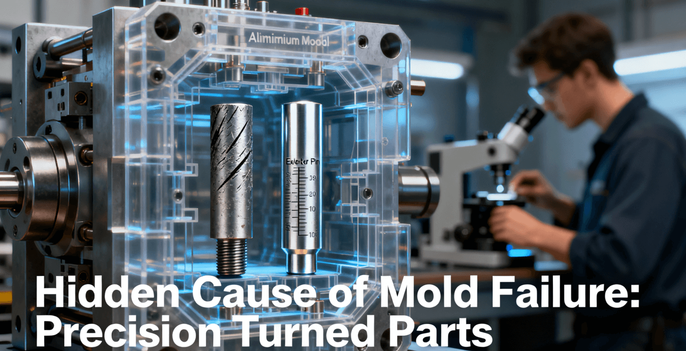 Cross-section of an aluminium injection mold, highlighting a worn, stuck ejector pin versus a new, high-precision CNC turned pin, representing hidden causes of mold failure.