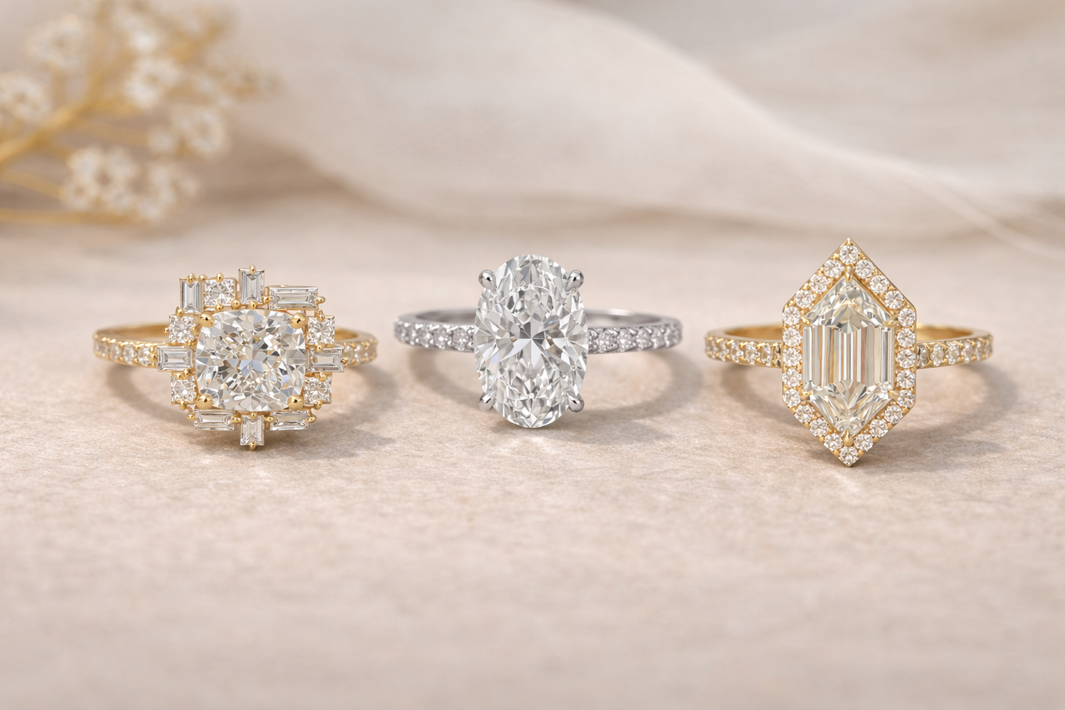 Cushion, oval and emerald cut diamond rings from iBling Jewels and Dvik Jewels collection