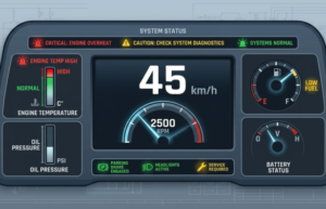 Custom instrument cluster dashboard displaying speed, RPM, and system alerts