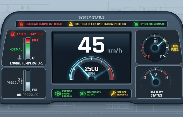 Custom instrument cluster dashboard displaying speed, RPM, and system alerts