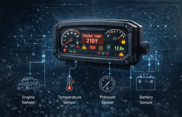 Instrument cluster connected to sensors for real-time equipment monitoring
