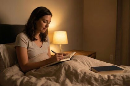 Woman lying in bed writing a diary