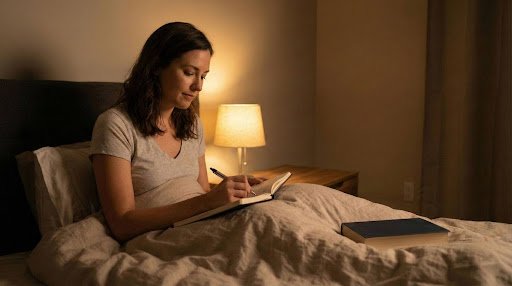 Woman lying in bed writing a diary