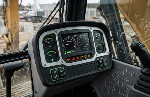 Heavy equipment cabin with integrated instrument cluster dashboard